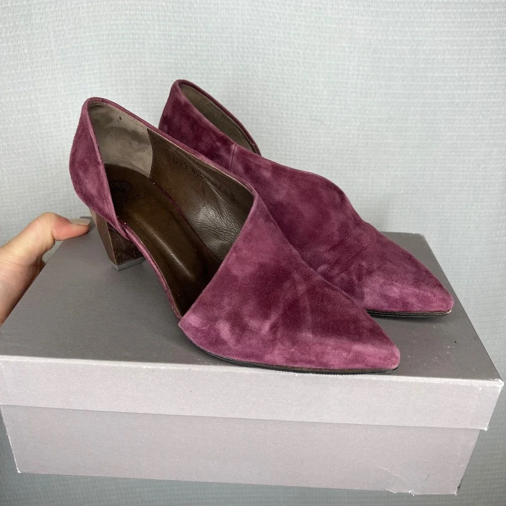 COCLICO Women's Burgundy Suede D'Orsay Pointed Toe Block Heel Shoes Size 36